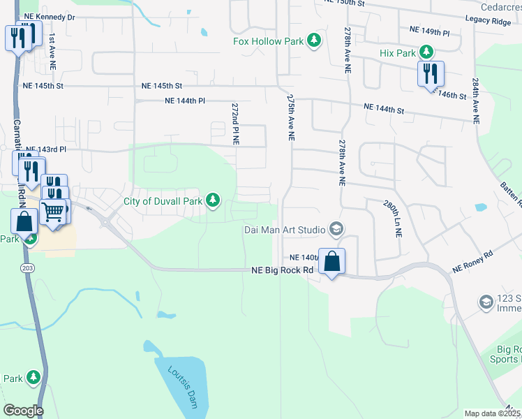 map of restaurants, bars, coffee shops, grocery stores, and more near Northeast Walden Way in Duvall