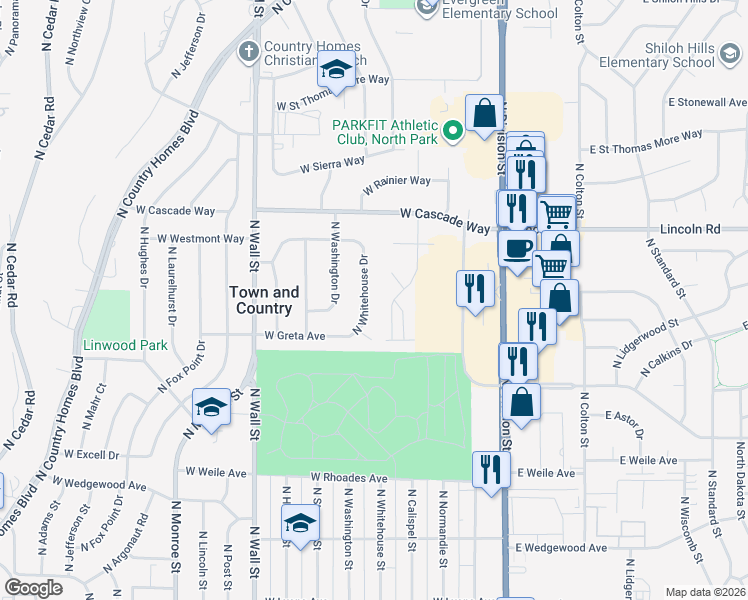 map of restaurants, bars, coffee shops, grocery stores, and more near 7604 North Whitehouse Drive in Spokane