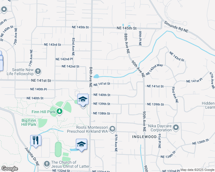 map of restaurants, bars, coffee shops, grocery stores, and more near 8607 Northeast 141st Street in Kirkland