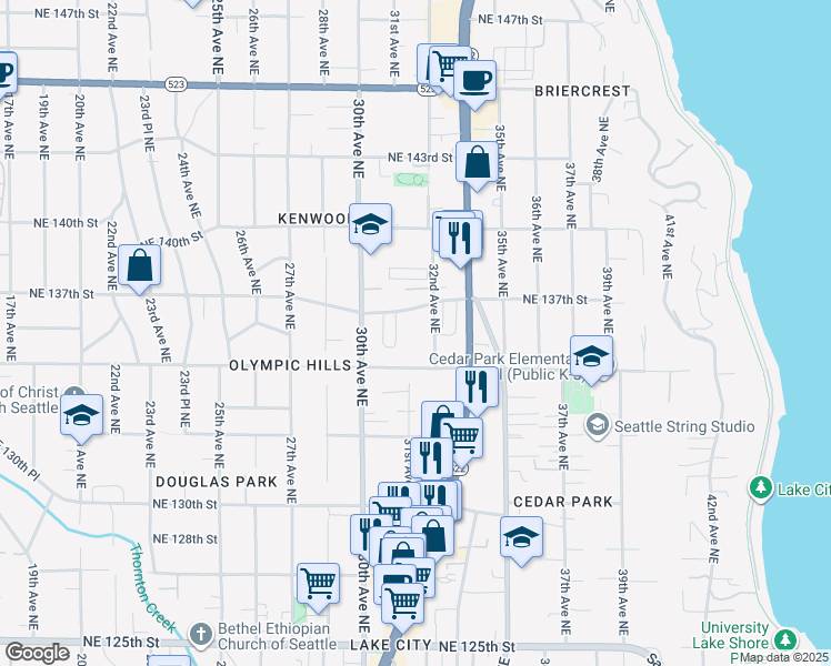 map of restaurants, bars, coffee shops, grocery stores, and more near 3031 Northeast 137th Street in Seattle