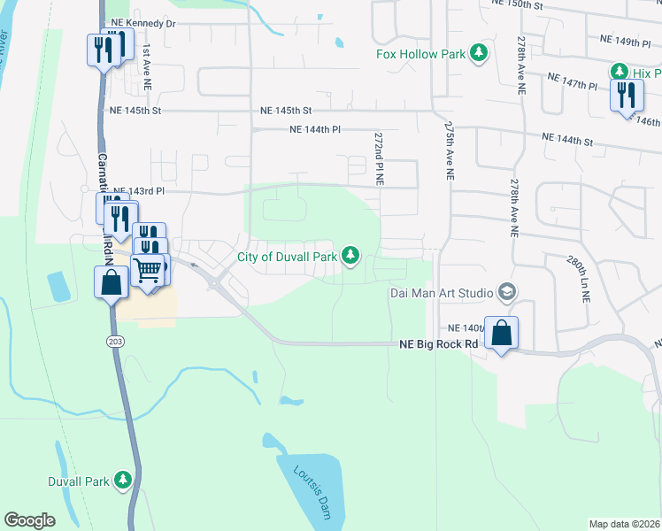 map of restaurants, bars, coffee shops, grocery stores, and more near 14146 271St Place Northeast in Duvall