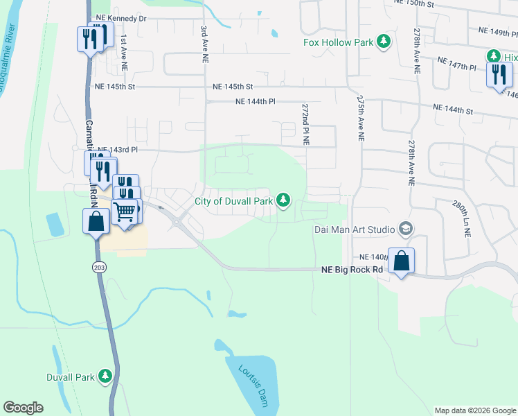 map of restaurants, bars, coffee shops, grocery stores, and more near 14125 271St Place Northeast in Duvall