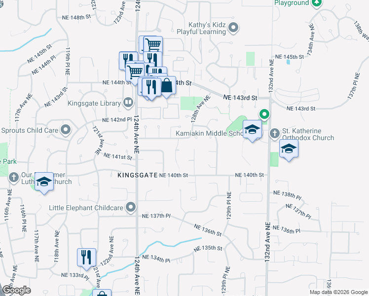 map of restaurants, bars, coffee shops, grocery stores, and more near 14112 126th Place Northeast in Kirkland