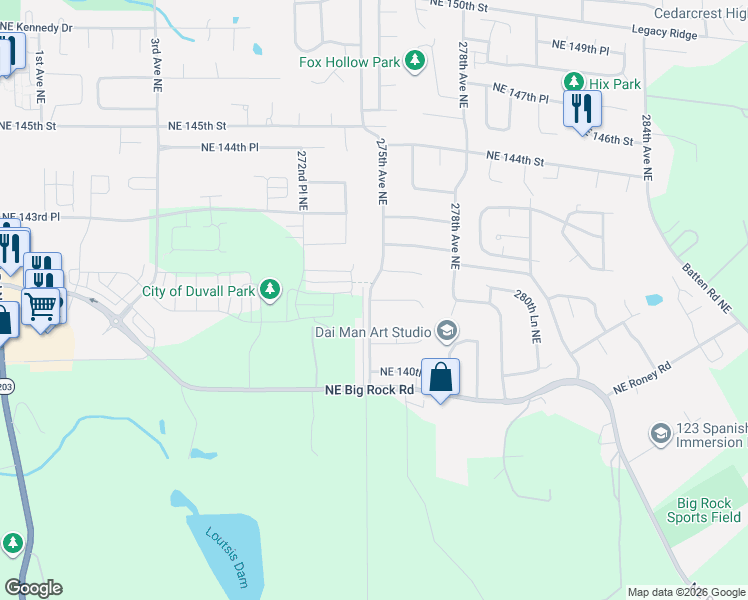 map of restaurants, bars, coffee shops, grocery stores, and more near Northeast 141st Place in Duvall