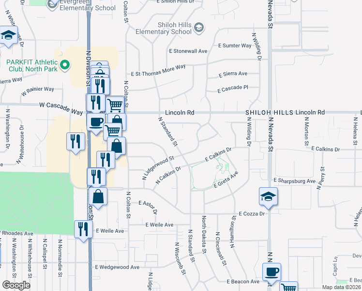 map of restaurants, bars, coffee shops, grocery stores, and more near 7523 North Lidgerwood Street in Spokane