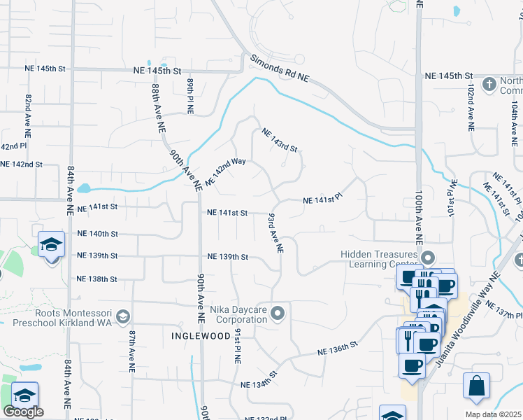 map of restaurants, bars, coffee shops, grocery stores, and more near 14025 93rd Avenue Northeast in Kirkland
