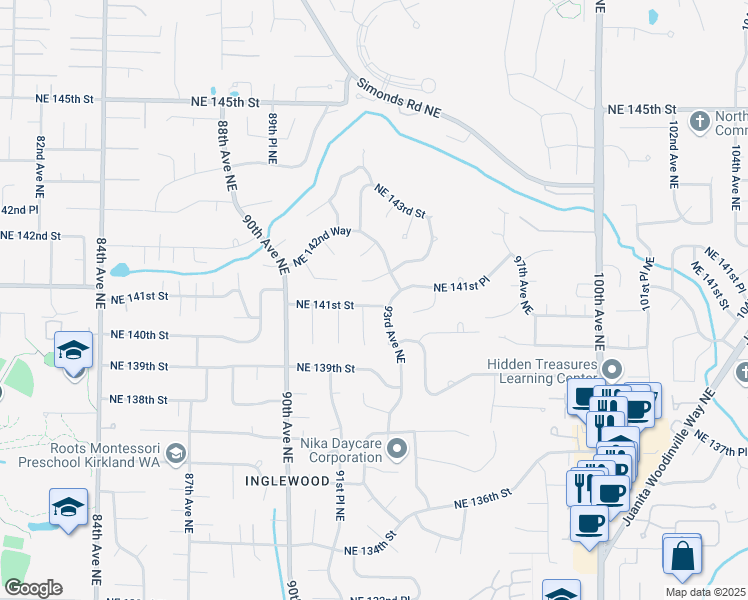 map of restaurants, bars, coffee shops, grocery stores, and more near 14025 93rd Avenue Northeast in Kirkland