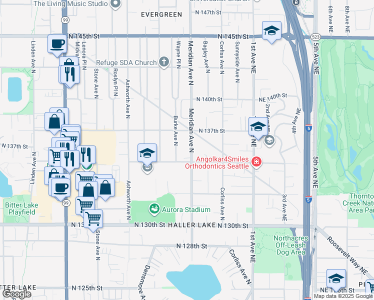 map of restaurants, bars, coffee shops, grocery stores, and more near 2104 North 135th Street in Seattle