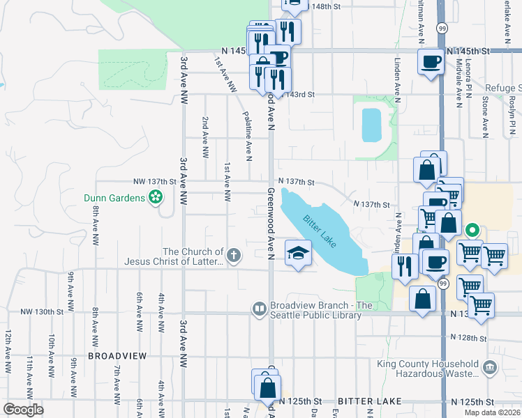 map of restaurants, bars, coffee shops, grocery stores, and more near 13433 Greenwood Avenue North in Seattle