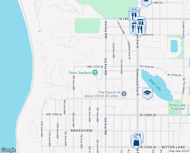 map of restaurants, bars, coffee shops, grocery stores, and more near 13533 Northshire Road Northwest in Seattle