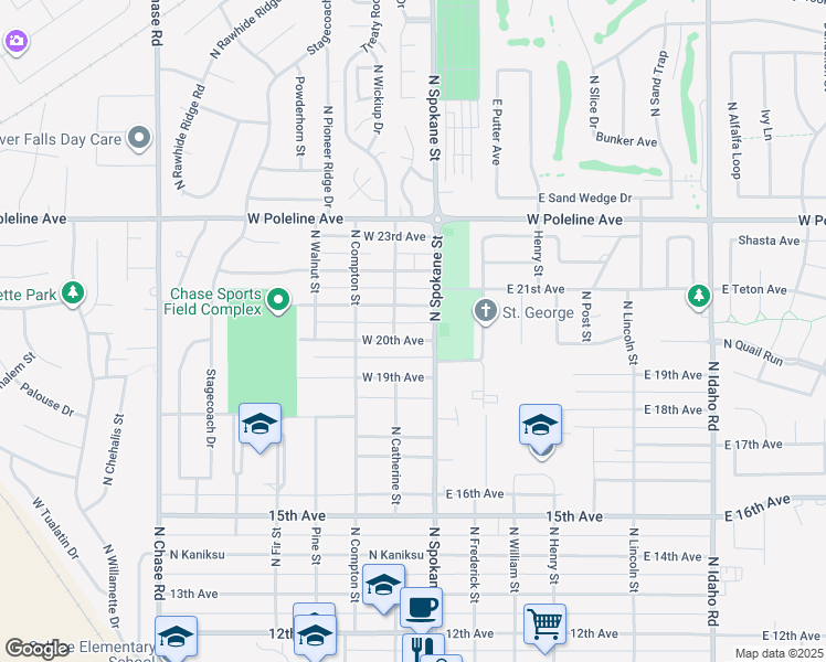 map of restaurants, bars, coffee shops, grocery stores, and more near 115 West 20th Avenue in Post Falls