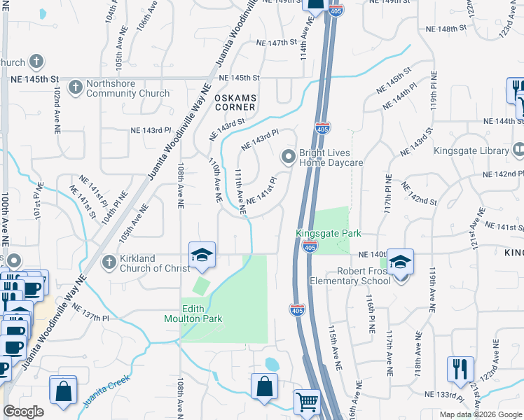map of restaurants, bars, coffee shops, grocery stores, and more near 11201 Northeast 141st Street in Kirkland