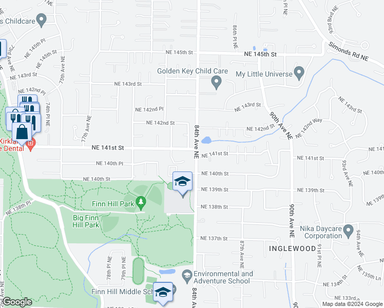 map of restaurants, bars, coffee shops, grocery stores, and more near 14034 84th Avenue Northeast in Kirkland