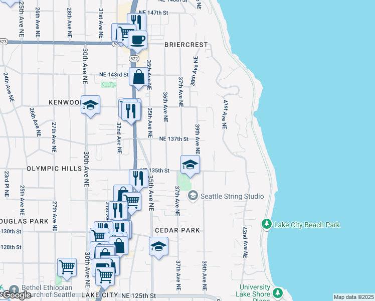 map of restaurants, bars, coffee shops, grocery stores, and more near 13517 39th Avenue Northeast in Seattle
