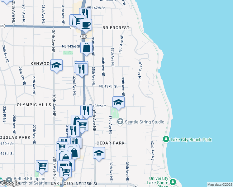 map of restaurants, bars, coffee shops, grocery stores, and more near 13517 39th Avenue Northeast in Seattle