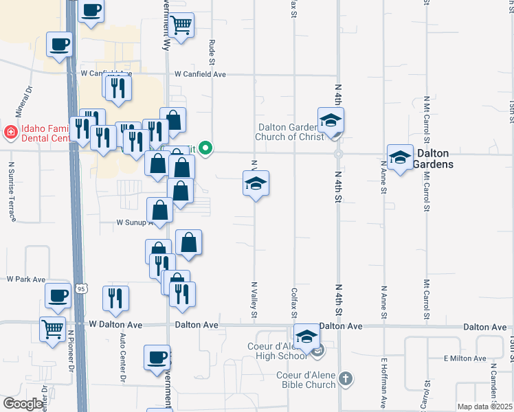 map of restaurants, bars, coffee shops, grocery stores, and more near in Huetter