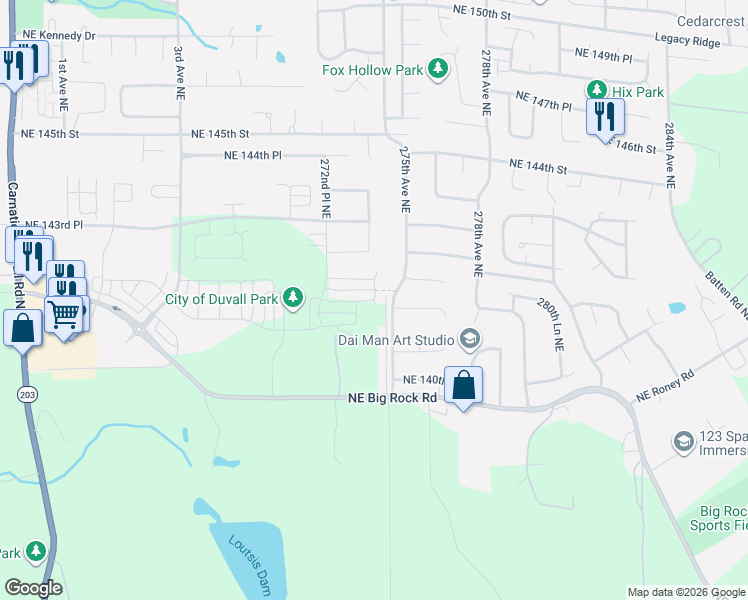 map of restaurants, bars, coffee shops, grocery stores, and more near Northeast 141st Street in Duvall