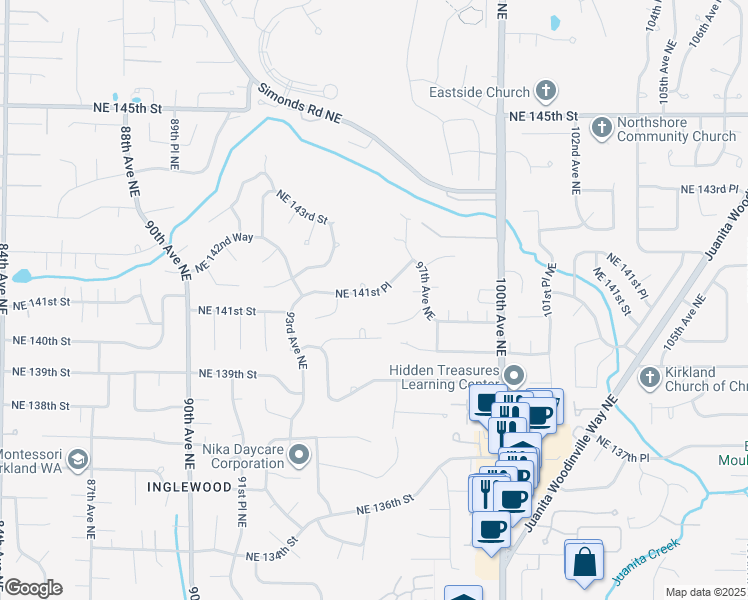 map of restaurants, bars, coffee shops, grocery stores, and more near 9506 Northeast 140th Street in Bothell