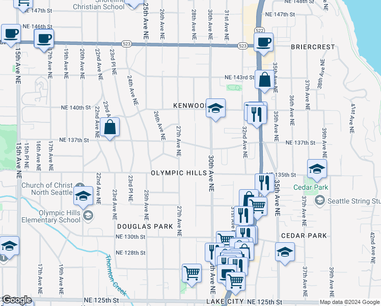 map of restaurants, bars, coffee shops, grocery stores, and more near 13515 28th Avenue Northeast in Seattle