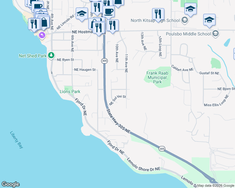 map of restaurants, bars, coffee shops, grocery stores, and more near 1058 Northeast Sol Vei Street in Poulsbo