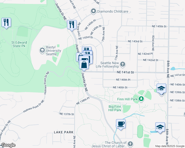 map of restaurants, bars, coffee shops, grocery stores, and more near 7325 Northeast 141st Street in Kirkland