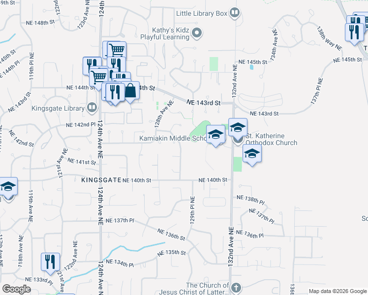 map of restaurants, bars, coffee shops, grocery stores, and more near 14114 129th Avenue Northeast in Kirkland