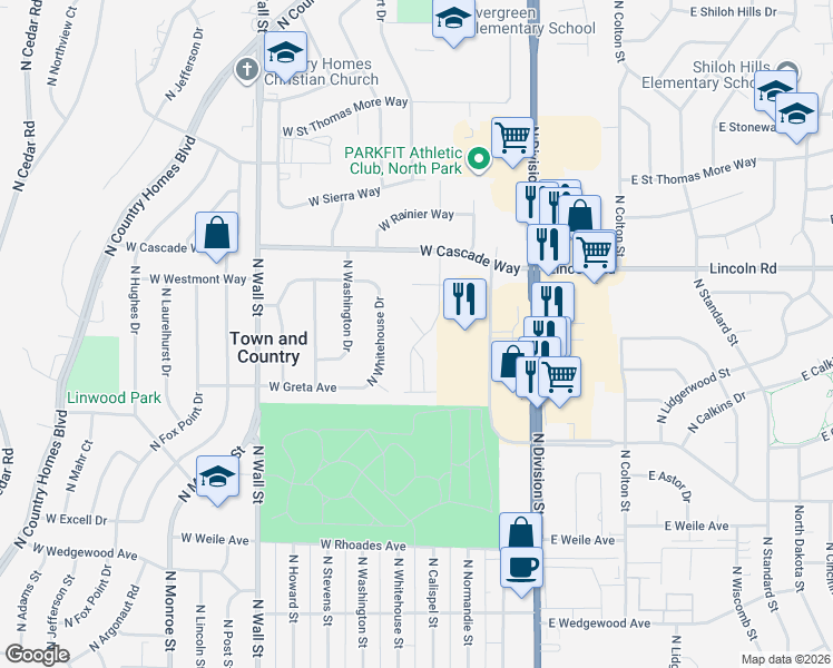 map of restaurants, bars, coffee shops, grocery stores, and more near 7721 North Calispel Lane in Spokane