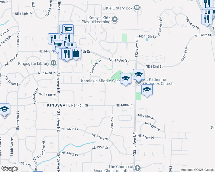 map of restaurants, bars, coffee shops, grocery stores, and more near 14114 129th Avenue Northeast in Kirkland