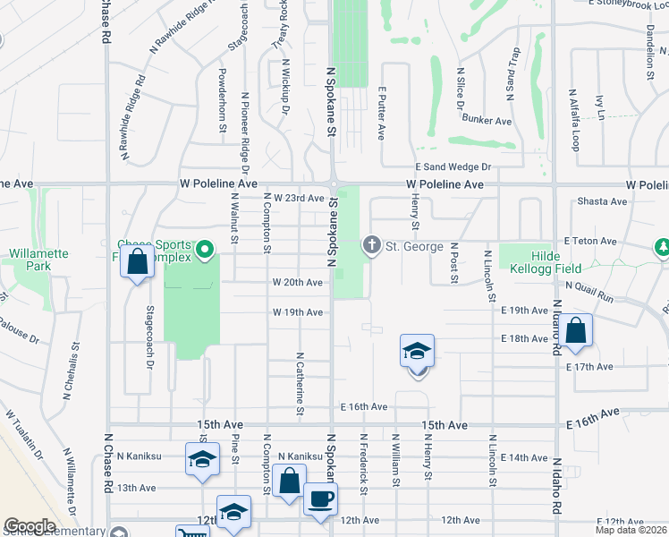 map of restaurants, bars, coffee shops, grocery stores, and more near 2100 North Spokane Street in Post Falls