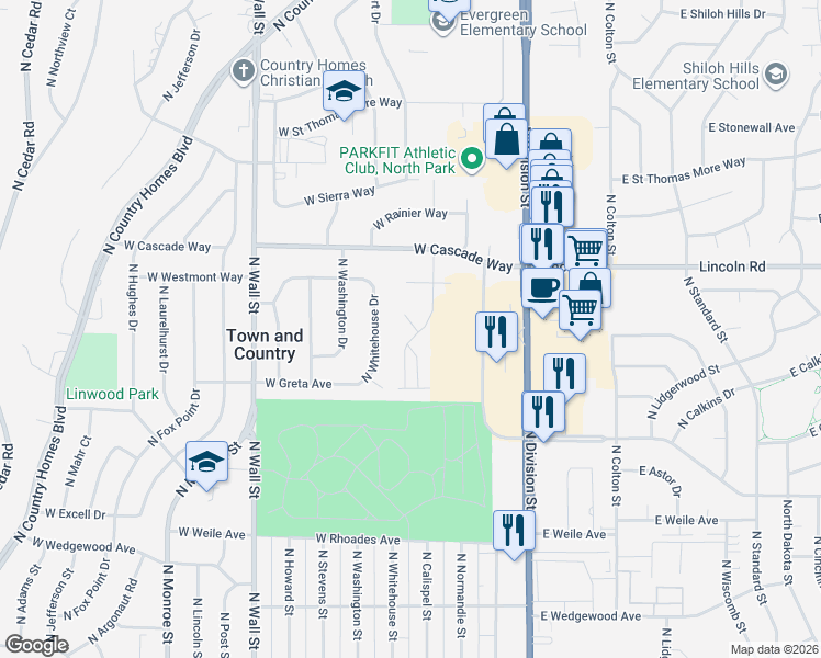 map of restaurants, bars, coffee shops, grocery stores, and more near 7721 North Calispel Lane in Spokane