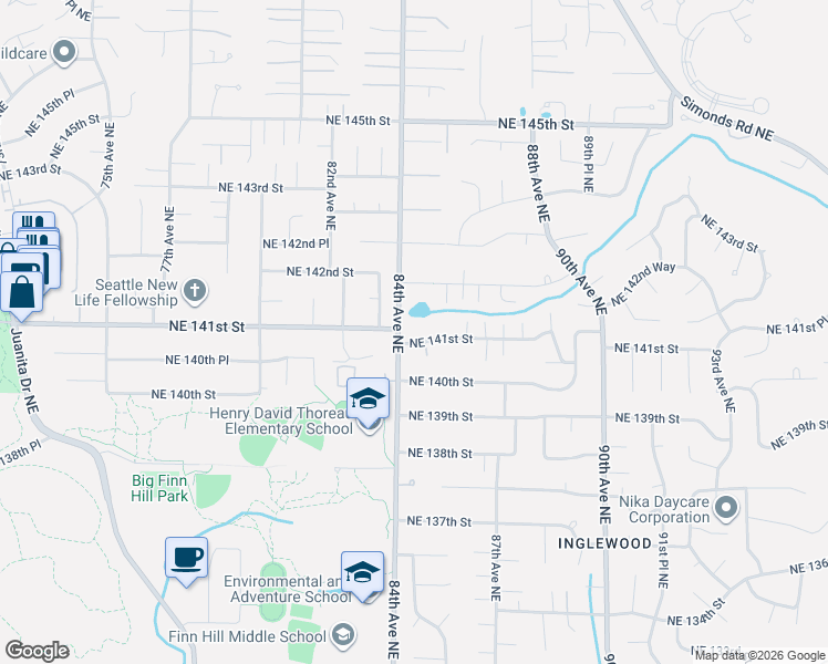 map of restaurants, bars, coffee shops, grocery stores, and more near 8421 Northeast 142nd Street in Kirkland