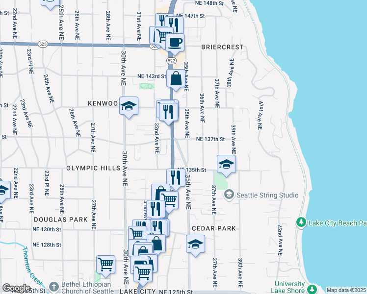 map of restaurants, bars, coffee shops, grocery stores, and more near 13716 Lake City Way Northeast in Seattle