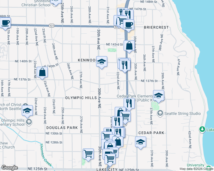 map of restaurants, bars, coffee shops, grocery stores, and more near 13716 30th Avenue Northeast in Seattle