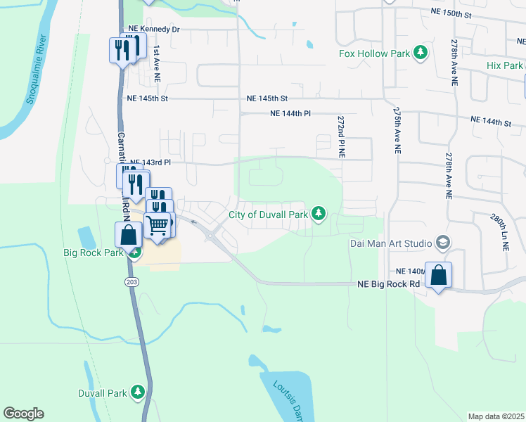 map of restaurants, bars, coffee shops, grocery stores, and more near 14171 269th Lane Northeast in Duvall