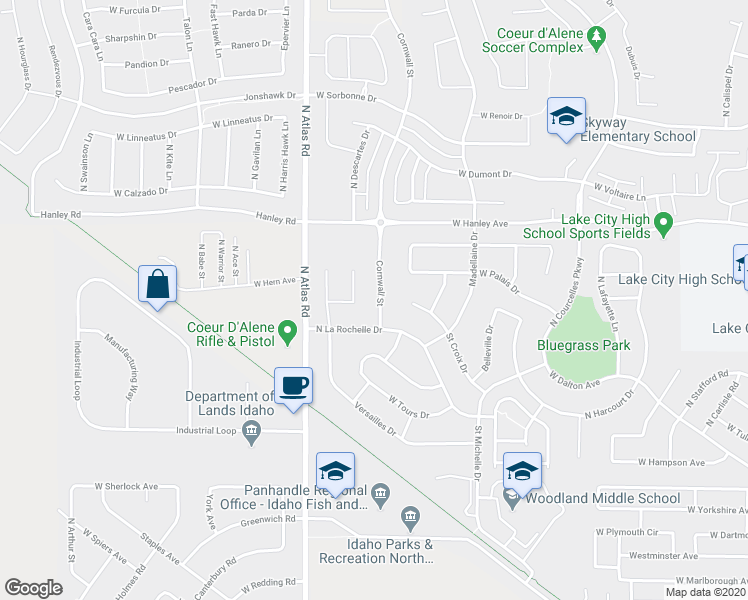 map of restaurants, bars, coffee shops, grocery stores, and more near 6147 Cornwall Street in Coeur d'Alene