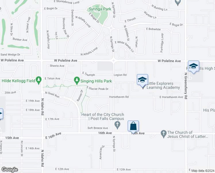 map of restaurants, bars, coffee shops, grocery stores, and more near 1406 Triumph Avenue in Post Falls