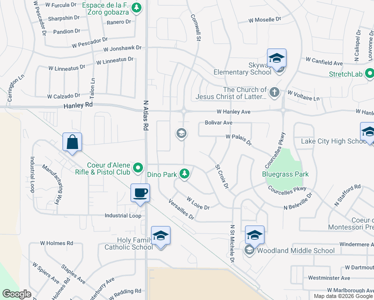 map of restaurants, bars, coffee shops, grocery stores, and more near 6208 Cornwall Street in Coeur d'Alene