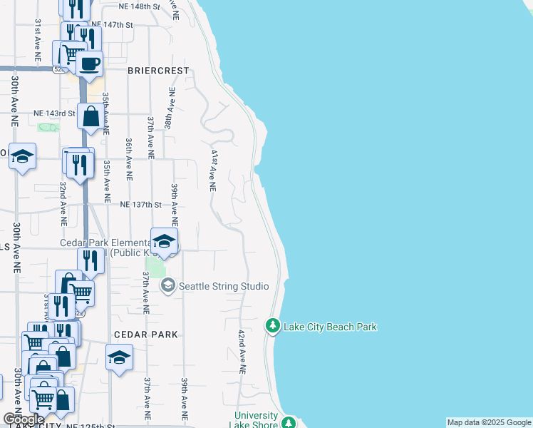 map of restaurants, bars, coffee shops, grocery stores, and more near 13706 Riviera Place Northeast in Seattle