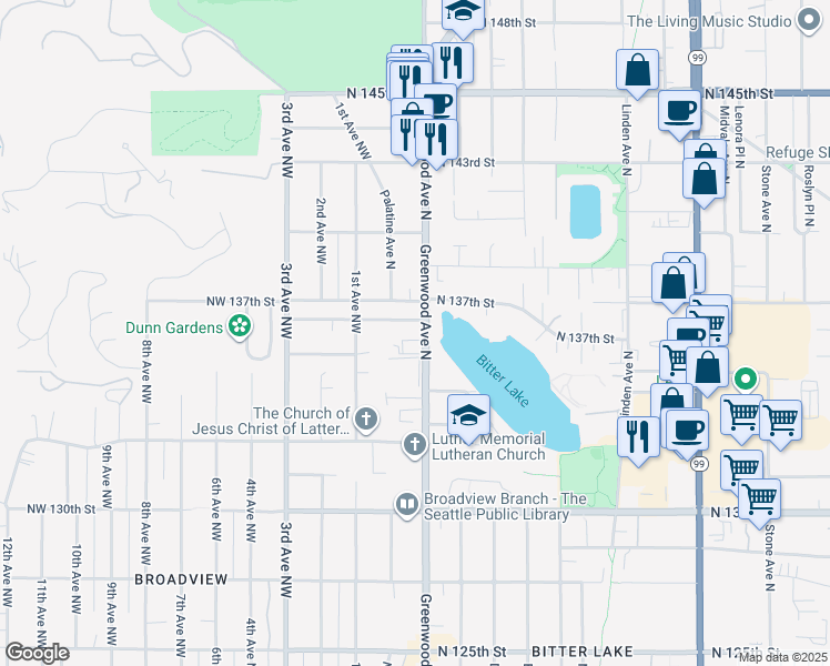 map of restaurants, bars, coffee shops, grocery stores, and more near 140 North 136th Street in Seattle