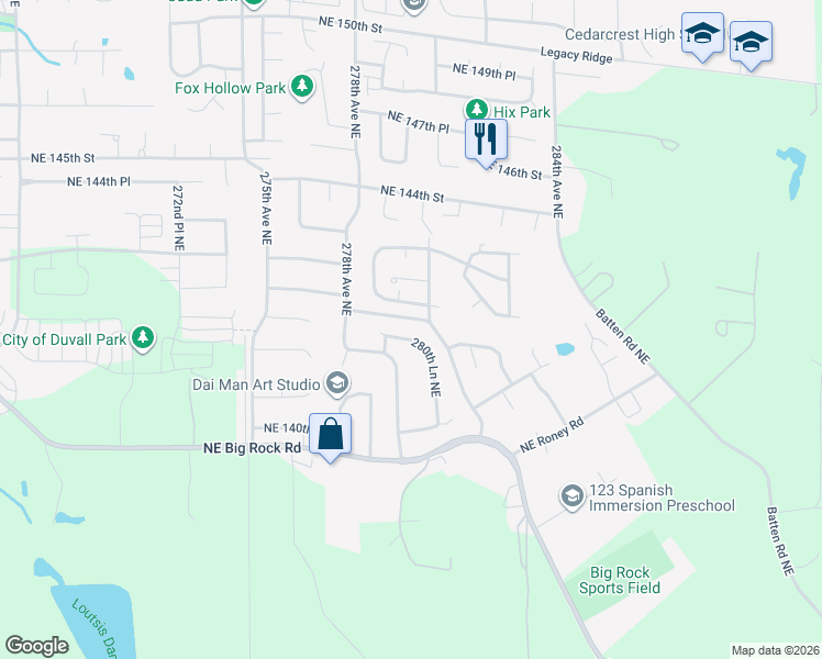 map of restaurants, bars, coffee shops, grocery stores, and more near 14124 280th Lane Northeast in Duvall