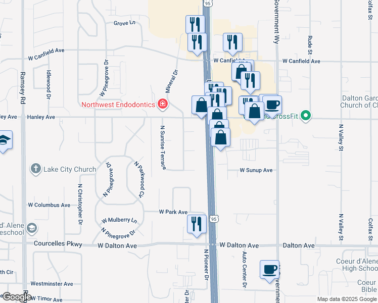 map of restaurants, bars, coffee shops, grocery stores, and more near 6080 Sunrise Terrace in Coeur d'Alene
