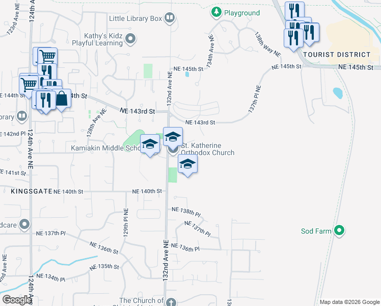 map of restaurants, bars, coffee shops, grocery stores, and more near 13240 Northeast 142nd Place in Kirkland