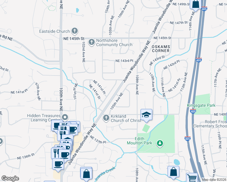 map of restaurants, bars, coffee shops, grocery stores, and more near 14157 104th Place Northeast in Kirkland