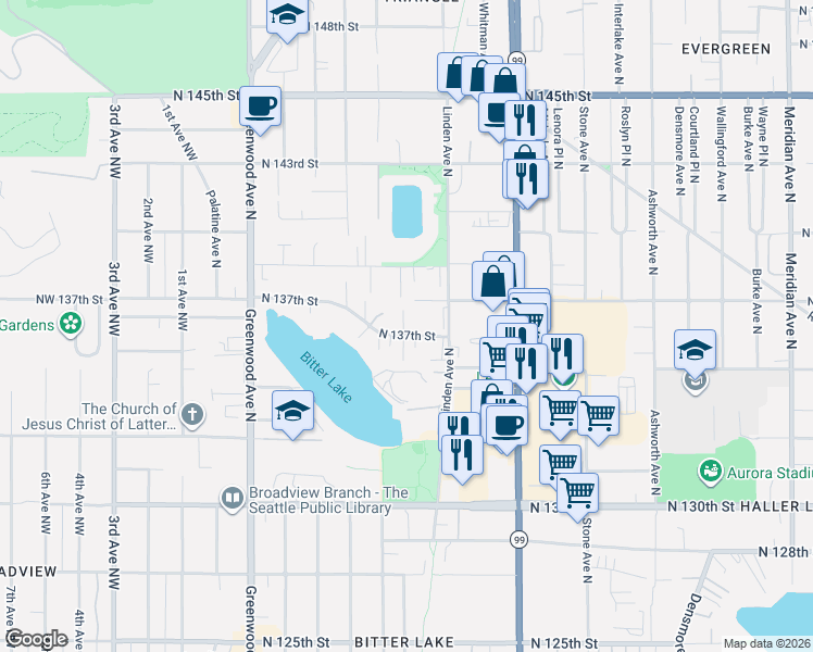 map of restaurants, bars, coffee shops, grocery stores, and more near 724 North 137th Street in Seattle