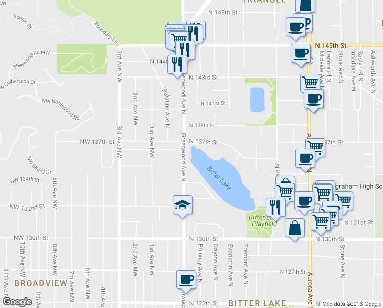 map of restaurants, bars, coffee shops, grocery stores, and more near in Seattle