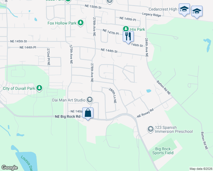 map of restaurants, bars, coffee shops, grocery stores, and more near 14124 280th Lane Northeast in Duvall