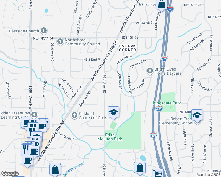 map of restaurants, bars, coffee shops, grocery stores, and more near 10830 Northeast 142nd Street in Kirkland
