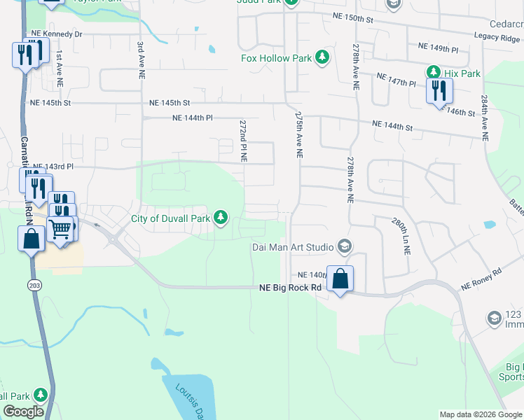 map of restaurants, bars, coffee shops, grocery stores, and more near Northeast 141st Place in Duvall