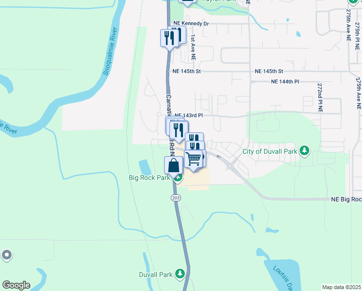 map of restaurants, bars, coffee shops, grocery stores, and more near 26304 Northeast Big Rock Road in Duvall