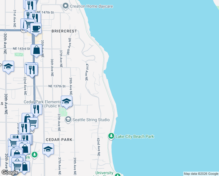 map of restaurants, bars, coffee shops, grocery stores, and more near 13706 Riviera Place Northeast in Seattle